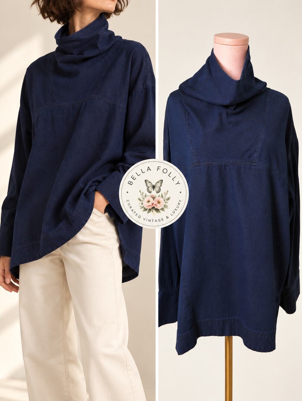 NWOT Rachel Comey Fiamma Indigo Denim Funnel Cowl Tunic Top 4 Oversize Lagenlook